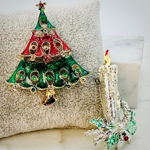 Gerrys Jewelry - 2 Vintage Christmas Brooches Jeweled Christmas Tree Candle Signed Gerrys…